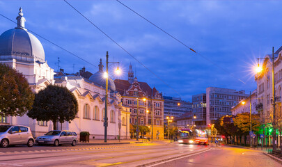 Image of streets in light of hungarian city Szeged outdoors.