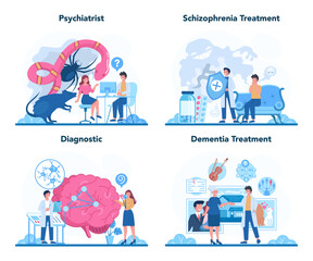 Psychiatrist concept set. Mental health diagnostic. Doctor treating