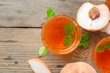 Peach tea Peach food and beverage products Food nutrition concept.