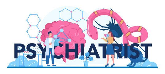 Psychiatrist typographic header. Mental health diagnostic. Doctor treating