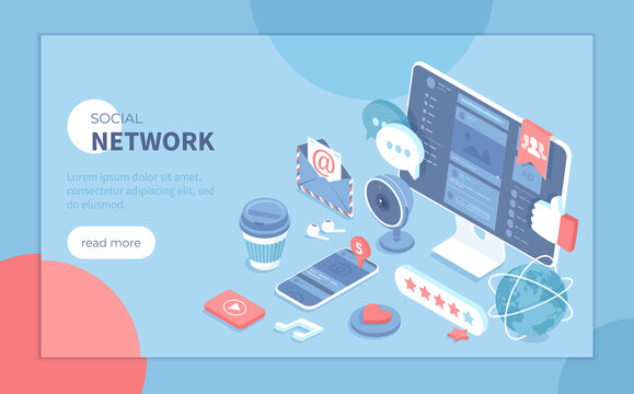 Social Network, Internet Communication. Social media website pages on phone and monitor screens. Chat, app, messages, notifications. Isometric vector illustration for presentation, banner, website.