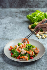 Fried Broccoli with Garlic and Shrimp, Thai Food.