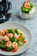 Fried Broccoli with Garlic and Shrimp, Thai Food.
