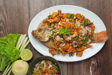 Spicy Fried Tubtim Fish Salad, Spicy, Thai Food.