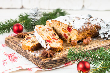 Stollen traditional Christmas ftuitcake with dried fruit and nut