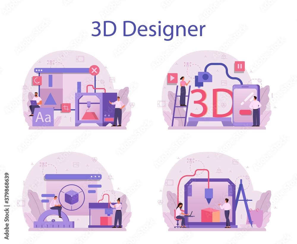 Poster designer 3d modeling concept set. digital drawing with electronic tools