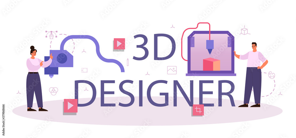 Poster designer 3d modeling typographic header. digital drawing with electronic