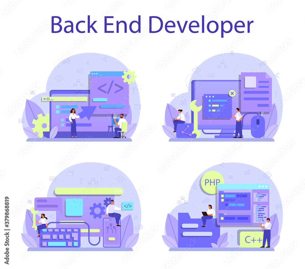 Poster back end development concept set. software development process.