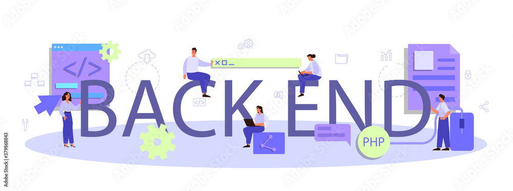 Poster back end typographic header. software development process.