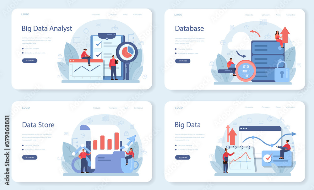 Poster business big data analysis and analytics concept set. chart and graph