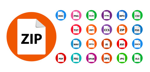 Collection of vector icons. File format extensions icons. PDF, MP3, TXT,