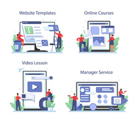 Content management online service or platform set. Idea of digital