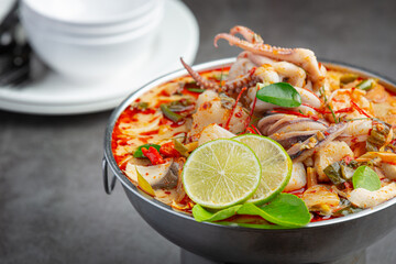 Tom Yum Mixed Seafood in Thick Soup Hot Pot Spicy Thai Food.