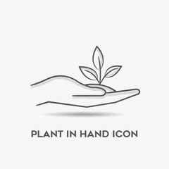 Hand holding plants in outline icon.
