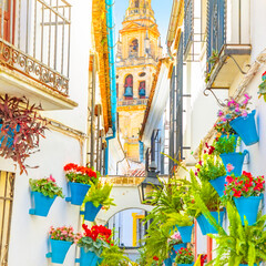 Fototapeta na wymiar Calleja de las Flores street and Mezquita tower in Cordoba, Spain