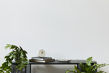 Stylish scandinavian home interior with design wooden commode, books, decorations, copy space ,...