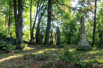 Mysterious old forest cemetery in Cesky Raj (Czech Paradise) near Mala Skala, Turnov, Czechia