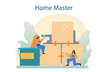 Home master concept. Repairman applying finishing materials