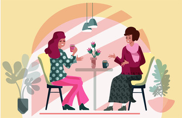 Girls with coffee at the table. Vector illustration
