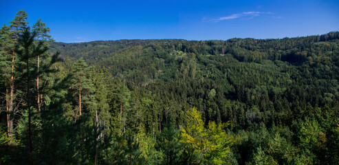 Panoramic view of landscape and sandstone rock formations in Cesky Raj (Czech Paradise), Europe
