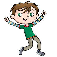 boy jumps for joy with his arms raised