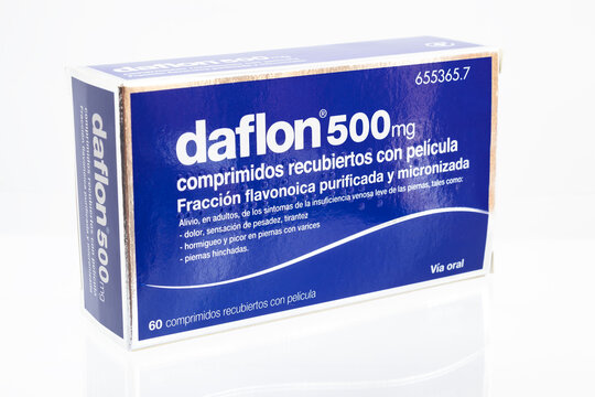 Huelva, Spain-September 23,2020: Spanish Box of Daflon coated tablets, a micronized purified flavonoid fraction containing diosmin and other flavonoids expressed as hesperidin. Laboratoires Serviera