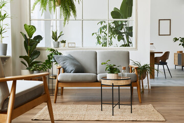 Modern scandinavian interior of living room with design grey sofa, armchair, a lot of plants,...