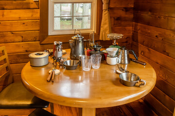 Naklejka na ściany i meble 山小屋での朝食　Camping breakfast at the mountain lodge