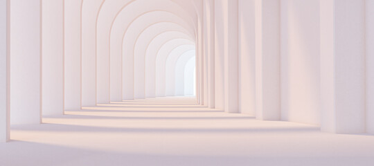 Archway white architecture. Arches Corridor inside building. 3d rendering