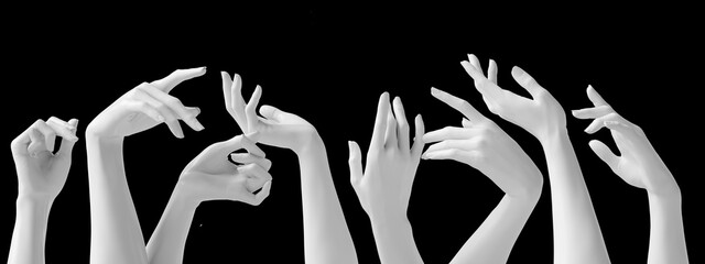 Mannequin hands set, isolated female hand white sculptures elegant gestures isolated 3d rendering concept