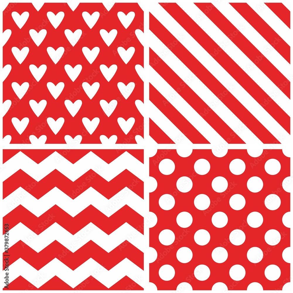Poster tile vector pattern set with red polka dots, stripes, zig zag print and hearts on white background