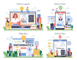 Fototapeta premium IT education online service or platform set. Student write software