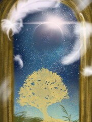 Flying white feathers in the starry space with golden tree
