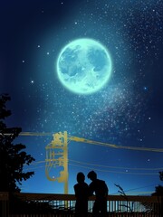 Silhouette of lovers in  the moonlight night view 