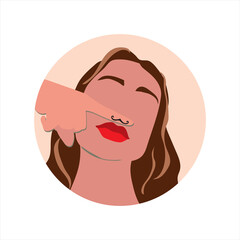 Vector illustration of woman face with funny moustache. Emblem in nice natural colors, symbol of depilation above lip. It can be used as icon for beauty and SPA site, blogs of cosmetologist