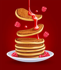 Pancakes with raspberries on the plate. Traditional sweet american breakfast with berries, on red background, Maple syrup flows at falling pancakes. Illustration.