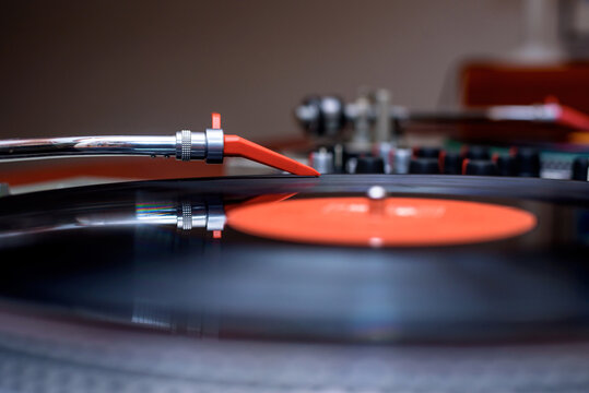 Close up of a Dj equipment playing record