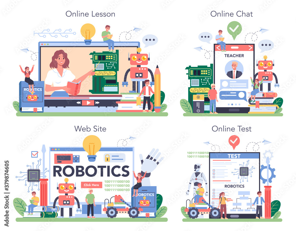 Poster robotics school subject online service or platform set. robot