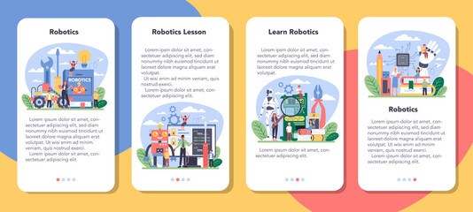 Robotics school subject mobile application banner set. Robot