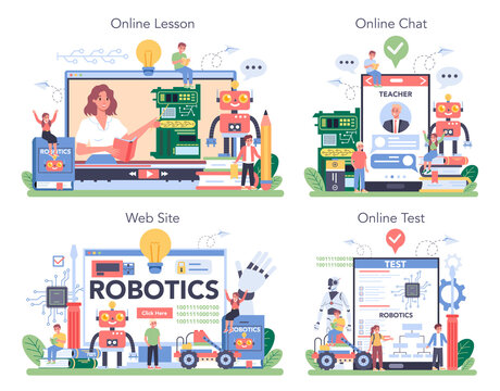 Robotics school subject online service or platform set. Robot