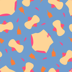 Colorful and cute vector seamless pattern with panties, reusable sanitary pads and menstrual cups on blue background