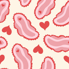 Cute pastel vector seamless pattern with pink sanitary pads and hearts on light yellow background