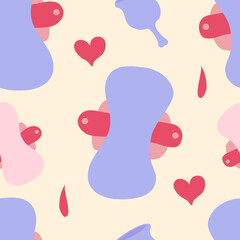 Cute vector seamless pattern with reusable sanitary pads, menstrual cups, hearts and drops on pastel yellow background