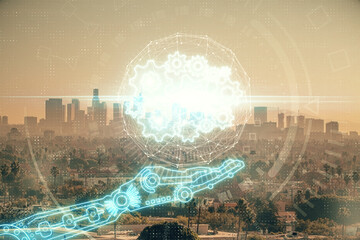 Data theme hologram drawing on city view with skyscrapers background multi exposure. Bigdata concept.