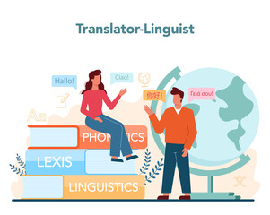 Translator and translation service concept. Linguist translating document,