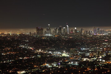 Fototapeta na wymiar Night view of Downtown Los Angeles skyline seen from Observatory in California, USA