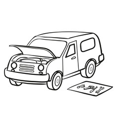 sketch, the car broke down and stands with the hood open, tools lie next to it on the mat, coloring book, cartoon illustration, isolated object on a white background, vector,
