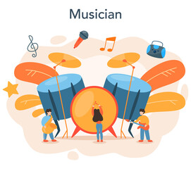 Professional musician playing musical instruments. Young performer