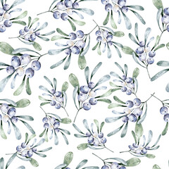 Seamless pattern with watercolor blueberries. Hand drawn watercolor winter floral illustration on white background