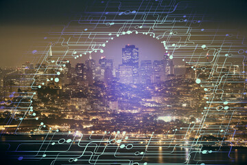 Data theme hologram drawing on city view with skyscrapers background multi exposure. Ai concept.